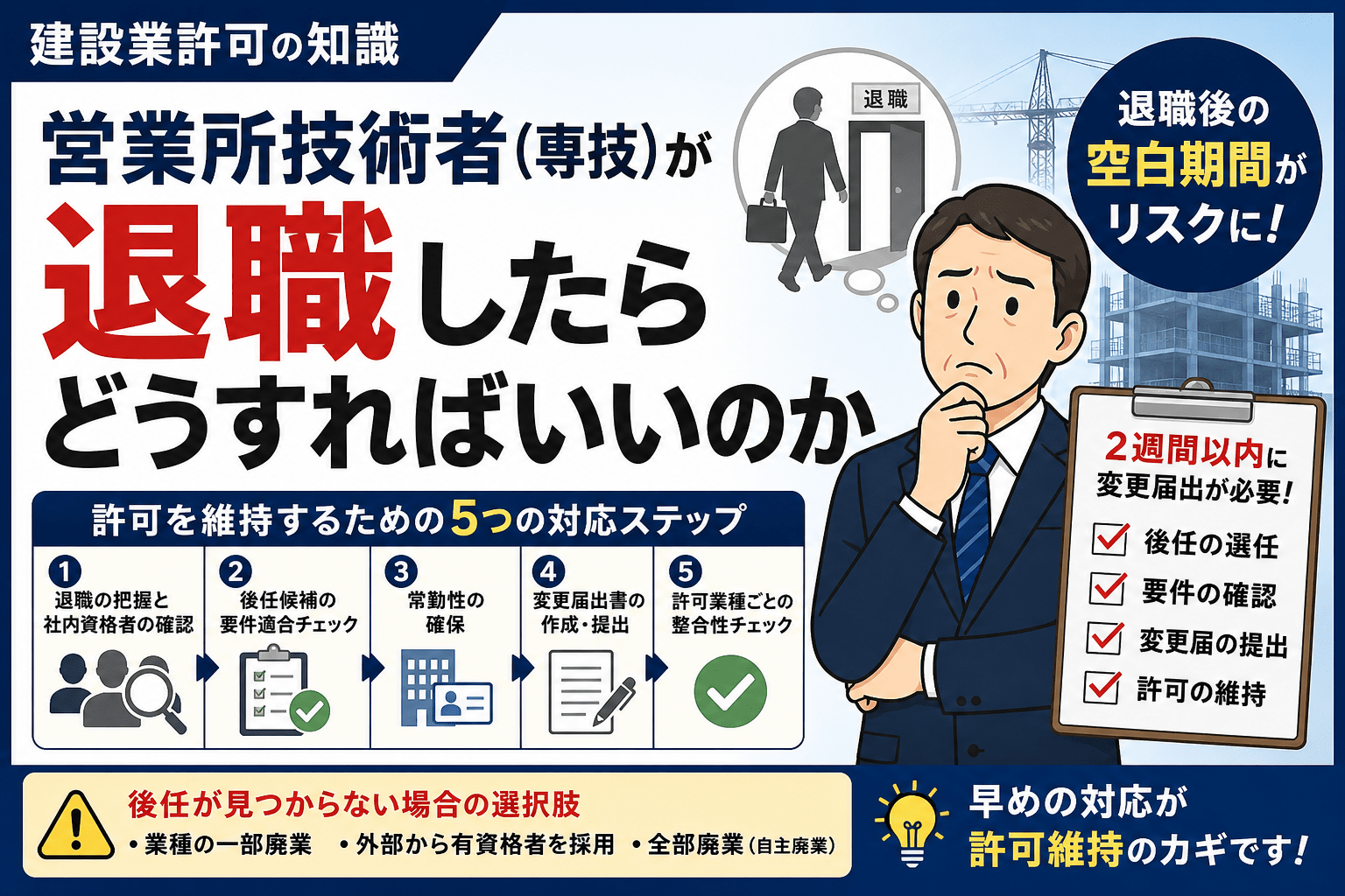 営業所技術者(専技)が退職したらどうする?建設業許可を守る対応手順